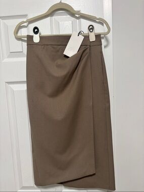 Zara Brown Wrap-Overlay Pencil Skirt